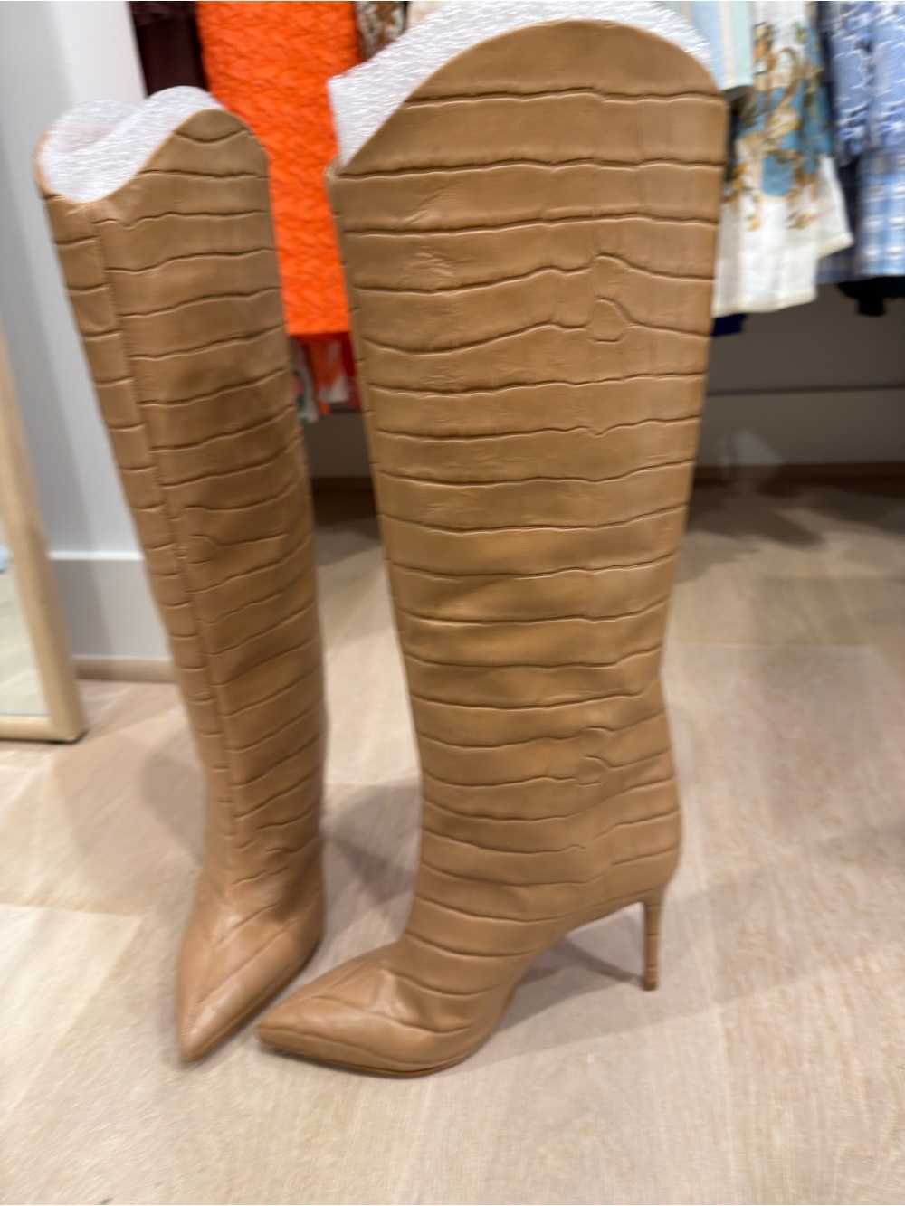 SCHUTZ Croc-Embossed knee high Pointed-Toe Boots in Camel - Picture 3 of 4